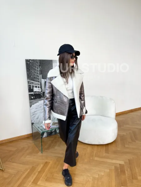 Дубленка овчина короткая - серебро - фото 4