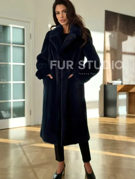 Норковая шуба темно-синего цвета - фото 4
