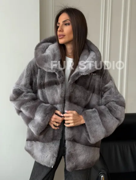 Норковый полушубок с капюшоном - цвет Platinum - фото 11