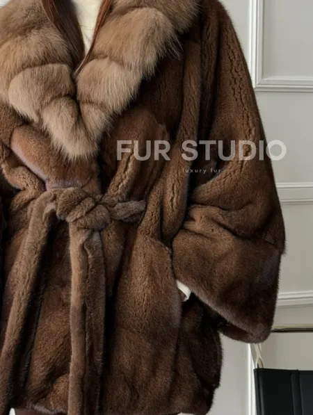 Полушубок автоледи норковый - воротник куница - фото 1