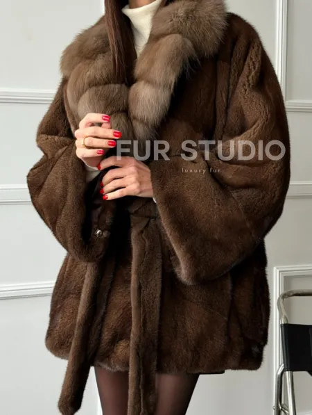 Полушубок автоледи норковый - воротник куница - фото 2