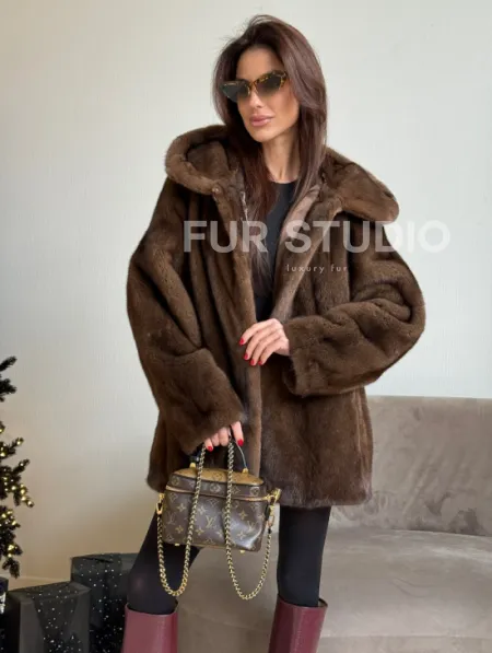Норка автоледи с капюшоном, роспуск в цвете орех - фото 0