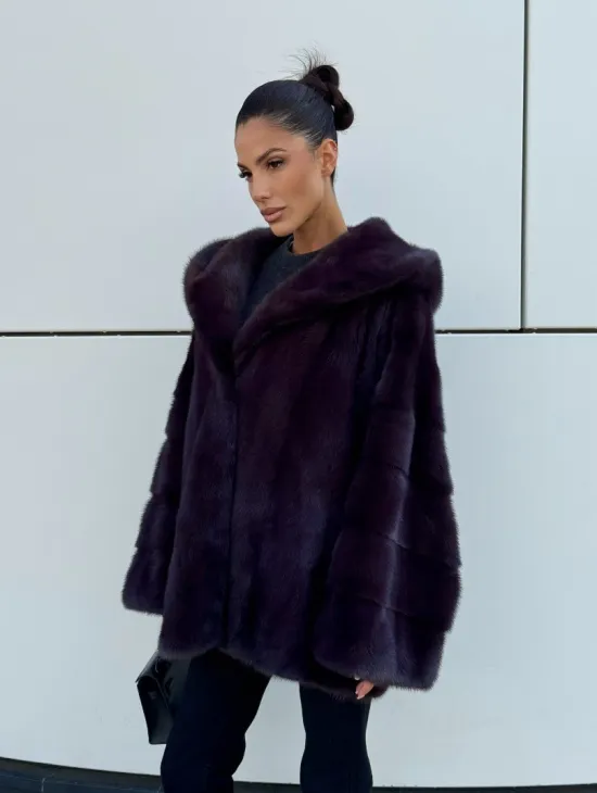 Норковый полушубок автоледи с капюшоном - цвет инжир - фото 8