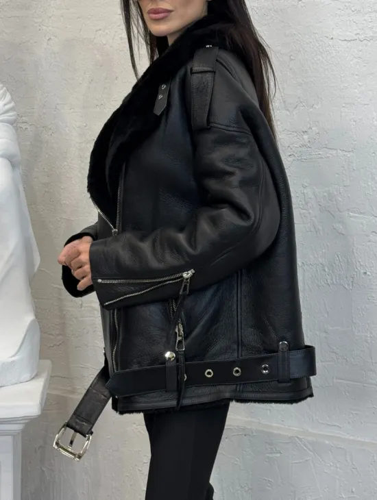 Дубленка зимняя авиатор из натуральной овчины - цвет черный - фото 4