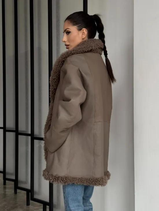 Женская двусторонняя дубленка из натуральной кожи - воротник шаль - фото 10