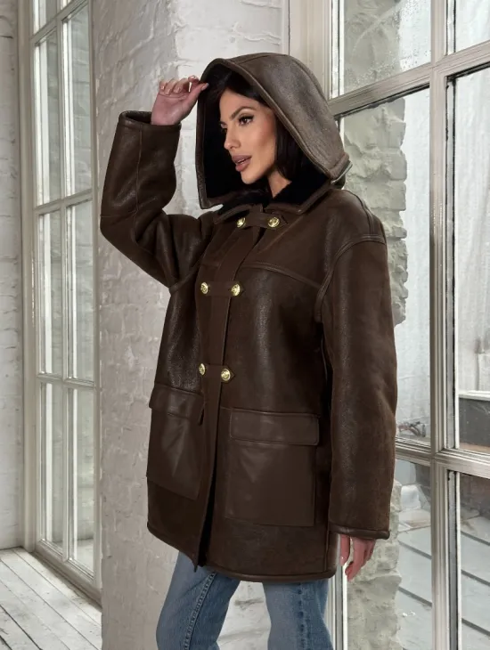 Двухсторонняя дублёнка из овчины с отстегивающимся капюшоном - фото 11