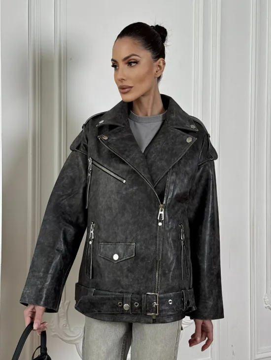 Женская кожаная куртка авиатор со шнуровкой на спине Dark grey - фото 6