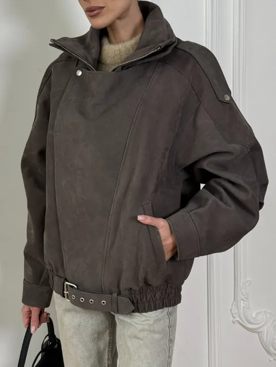 Современная куртка - бомбер из винтажной кожи Gray с двойным воротником - фото 1