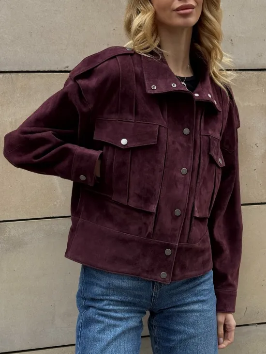 Винтажная женская повседневная куртка из натуральной замши Burgundy - фото 4
