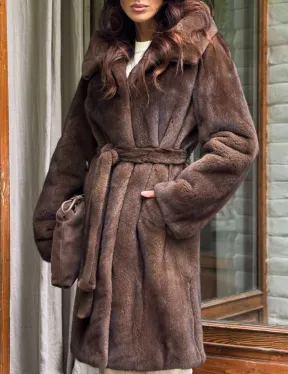 Норковая шуба с капюшоном - цвет орех - фото 1