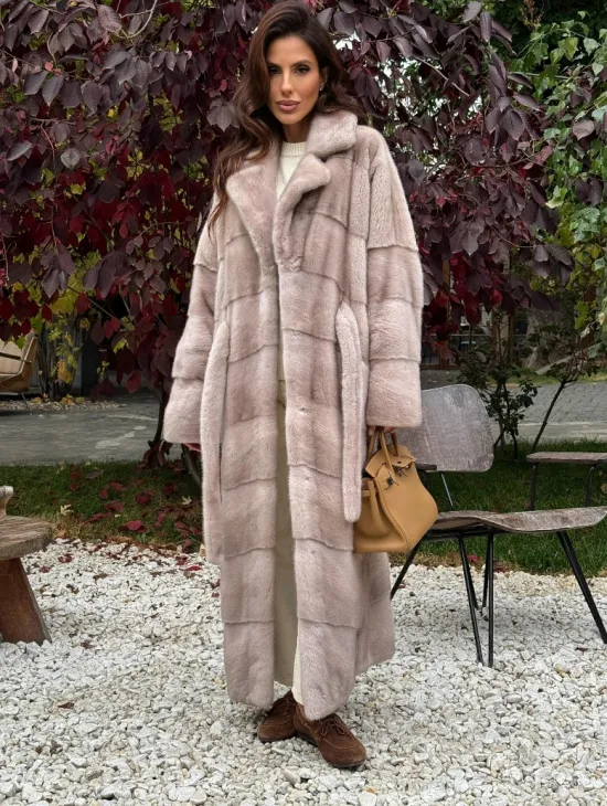 Длинная норковая шуба с поясом - фото 5