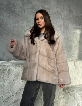 Норковый полушубок с капюшоном в цвете пудра - фото 9
