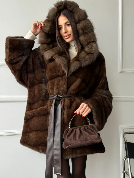 Шуба норка - кимоно с капюшоном - фото 4