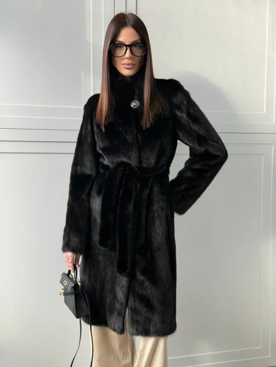 Черная норковая шуба - воротник стойка - фото 4