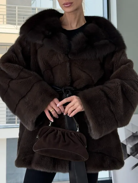 Норковая шуба кимоно с капюшоном куница - фото 3