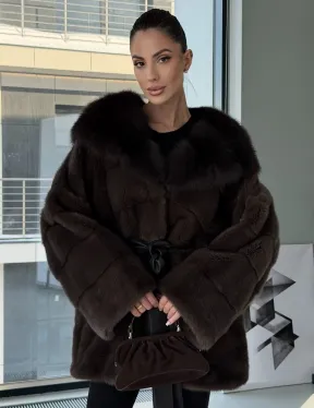 Норковая шуба кимоно с капюшоном куница - фото 0