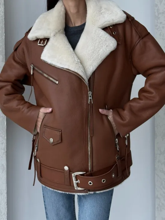 Дубленка авиатор из натуральной кожи в цвете виски - фото 3