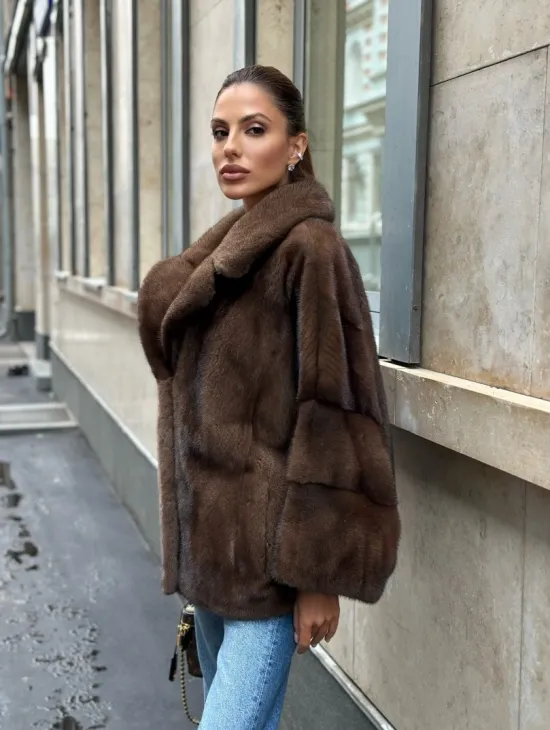 Норковый полушубок с английским воротником - цвет орех - фото 9