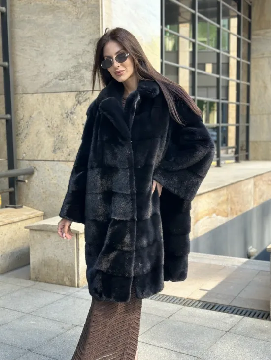 Шуба норковая английский воротник - цвет инфинити - фото 0