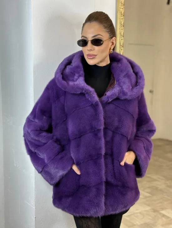 Паркет шуба с капюшоном - фиолетовый цвет - фото 3