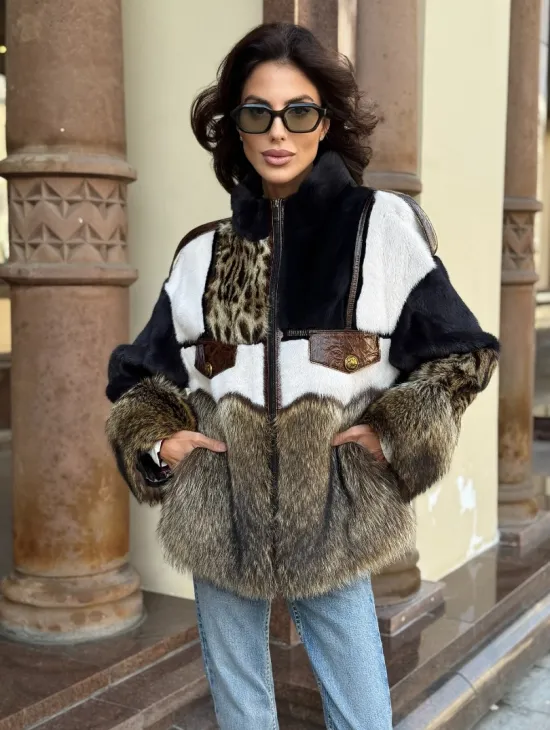 Комбинированная курточка из меха норки и енота - цвет графит - фото 7