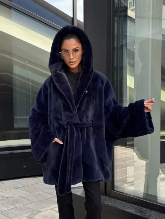 Шуба летучая мышь с капюшоном цвет аквамарин - паркетная раскладка - фото 17