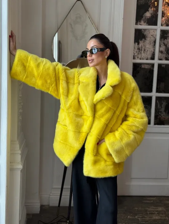 Норковый полушубок английский воротник, паркет - цвет лимонный - фото 8