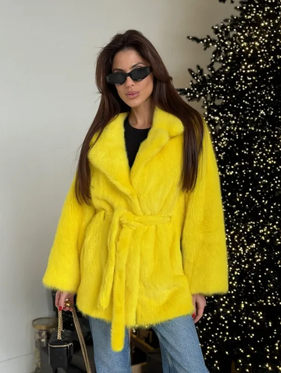 Шуба норковая летучая мышь роспуск - цвет лимонный (желтый) - фото 3